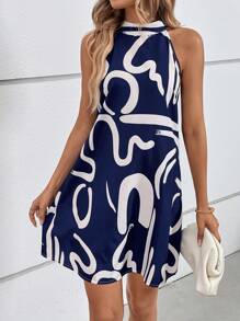 SHEIN LUNE Vestido con estampado de dibujo de cuello halter - Azul y blanco - Ver 5