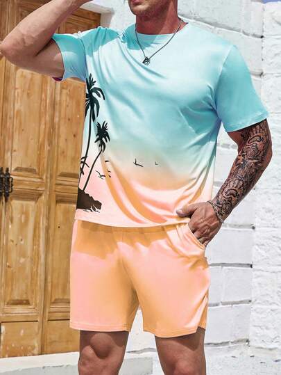 Manfinity Chillmode 男士大码熱帶圖案T恤和短褲