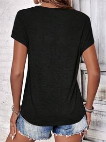 EMERY ROSE Solid Batwing Sleeve V Neck Tee - Black - View 2