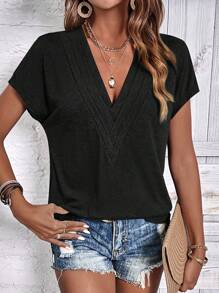 EMERY ROSE Solid Batwing Sleeve V Neck Tee - Black - View 3