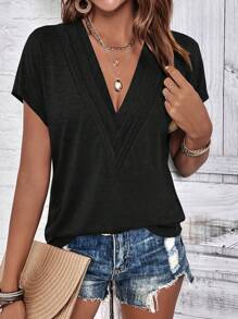EMERY ROSE Solid Batwing Sleeve V Neck Tee - Black - View 5
