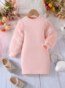 SHEIN 女小童毛茸茸袖緊身連衣裙 - 粉色 - 查看 1