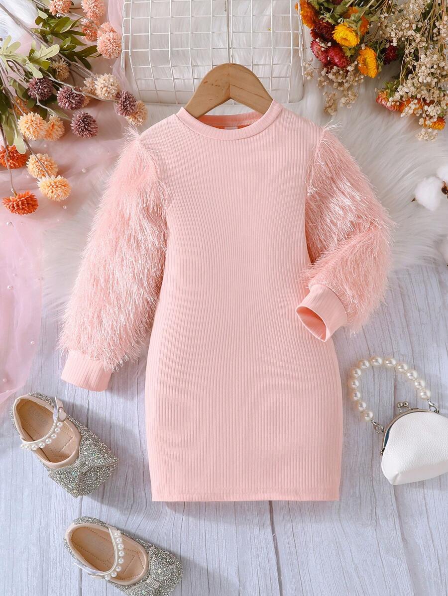 SHEIN 女小童毛茸茸袖緊身連衣裙 - 粉色 - 查看 1