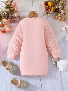 SHEIN 女小童毛茸茸袖緊身連衣裙 - 粉色 - 查看 2