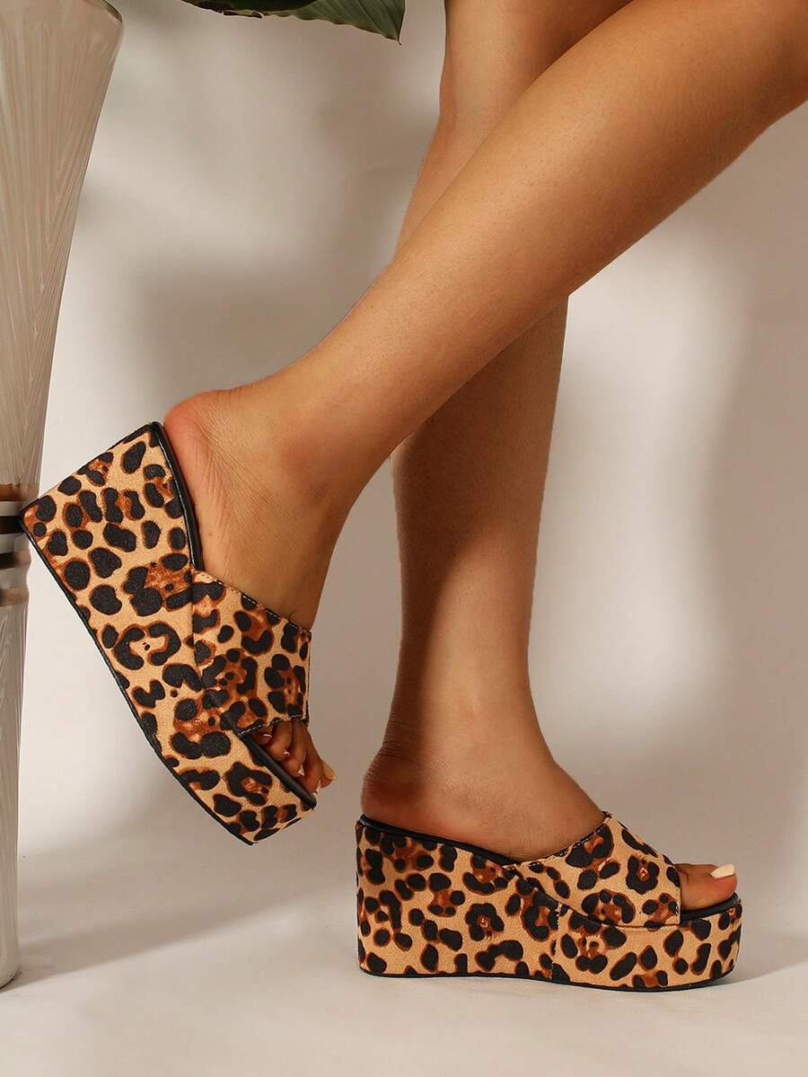 Summer Women's Leopard Print Wedge Heel Sandals & Slippers With Thick Sole - Multicolor - View 1