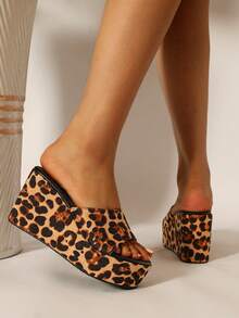 Summer Women's Leopard Print Wedge Heel Sandals & Slippers With Thick Sole - Multicolor - View 3