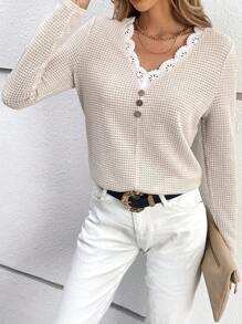 SHEIN Frenchy Đồ trang trí Lace hoa văn Dệt kim Waffle Áo thun - Màu be - Xem 1