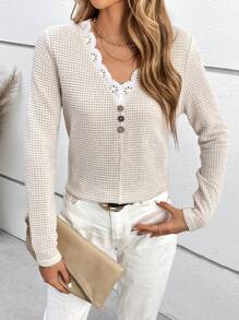 SHEIN Frenchy Đồ trang trí Lace hoa văn Dệt kim Waffle Áo thun - Màu be - Xem 5