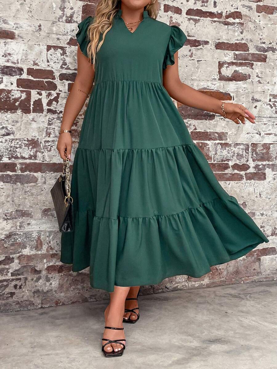 SHEIN LUNE Vestido tipo smock con cuello entallado y volante en el bajo para mujer talla grande - Verde Oscuro - Ver 1