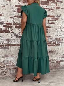 SHEIN LUNE Vestido tipo smock con cuello entallado y volante en el bajo para mujer talla grande - Verde Oscuro - Ver 2