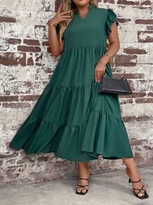 SHEIN LUNE Vestido tipo smock con cuello entallado y volante en el bajo para mujer talla grande - Verde Oscuro - Ver 3