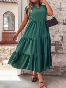 SHEIN LUNE Vestido tipo smock con cuello entallado y volante en el bajo para mujer talla grande - Verde Oscuro - Ver 6