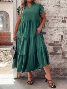 SHEIN LUNE Vestido tipo smock con cuello entallado y volante en el bajo para mujer talla grande - Verde Oscuro - Ver 7