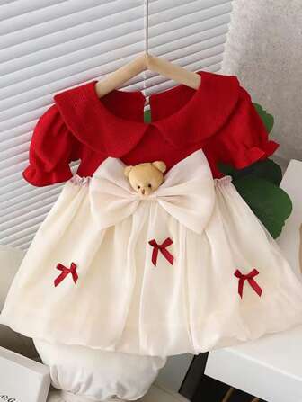 女嬰娃娃領前蝴蝶結連衣裙