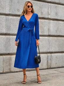 SHEIN Cottnline Solid Belted Wrap Dress - Royal Blue - View 1