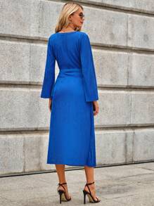 SHEIN Cottnline Solid Belted Wrap Dress - Royal Blue - View 2
