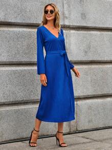 SHEIN Cottnline Solid Belted Wrap Dress - Royal Blue - View 3