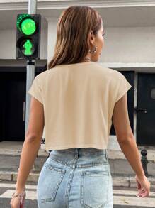 SHEIN ChicEase Solid Batwing Sleeve Crop Tee - Apricot - View 2