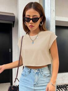 SHEIN ChicEase Solid Batwing Sleeve Crop Tee - Apricot - View 4
