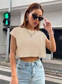 SHEIN ChicEase Solid Batwing Sleeve Crop Tee - Apricot - View 5