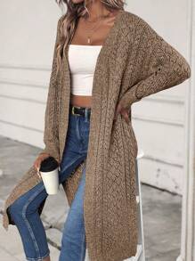 SHEIN LUNE Dệt kim Marled Thả vai Áo len Mở - Lạc đà - Xem 4