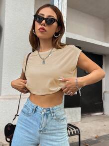 SHEIN ChicEase Solid Batwing Sleeve Crop Tee - Apricot - View 6