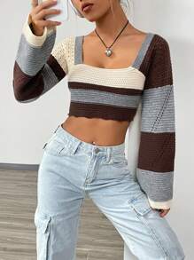 SHEIN Unity Pull court tricoté à col carré color block pour l'automne et l'hiver - Multicolore - Voir 3