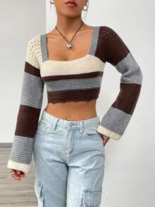 SHEIN Unity Pull court tricoté à col carré color block pour l'automne et l'hiver - Multicolore - Voir 4