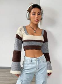 SHEIN Unity Pull court tricoté à col carré color block pour l'automne et l'hiver - Multicolore - Voir 5