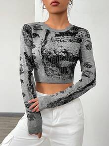 SHEIN Unity Eye Print Crop Sweater - Multicolor - View 3