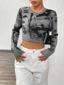 SHEIN Unity Eye Print Crop Sweater - Multicolor - View 4