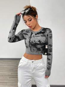 SHEIN Unity Eye Print Crop Sweater - Multicolor - View 1