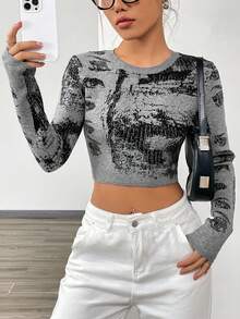 SHEIN Unity Eye Print Crop Sweater - Multicolor - View 5