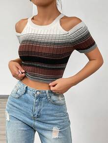 SHEIN Unity 條紋圖案挖肩針織短上衣 - 彩色 - 查看 3