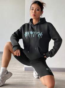 SHEIN Unity 字母圖案袋鼠口袋落肩袖抽繩連帽衫&騎行褲 - 深灰色 - 查看 1