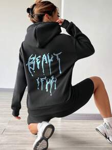 SHEIN Unity 字母圖案袋鼠口袋落肩袖抽繩連帽衫&騎行褲 - 深灰色 - 查看 2