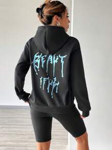 SHEIN Unity 字母圖案袋鼠口袋落肩袖抽繩連帽衫&騎行褲 - 深灰色 - 查看 3