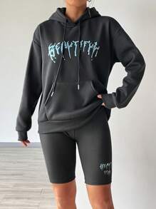 SHEIN Unity 字母圖案袋鼠口袋落肩袖抽繩連帽衫&騎行褲 - 深灰色 - 查看 5