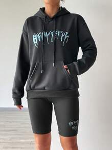 SHEIN Unity 字母圖案袋鼠口袋落肩袖抽繩連帽衫&騎行褲 - 深灰色 - 查看 6