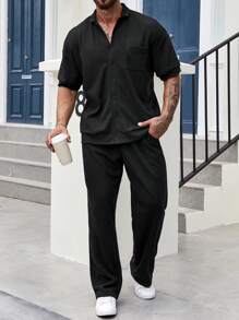 Manfinity Homme Camisa Y Pantalón De Color Sólido Para Hombres Holgados Con Bolsillos - Negro - Ver 1