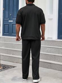 Manfinity Homme Camisa Y Pantalón De Color Sólido Para Hombres Holgados Con Bolsillos - Negro - Ver 2