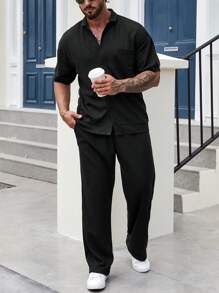 Manfinity Homme Camisa Y Pantalón De Color Sólido Para Hombres Holgados Con Bolsillos - Negro - Ver 4