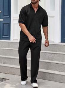 Manfinity Homme Camisa Y Pantalón De Color Sólido Para Hombres Holgados Con Bolsillos - Negro - Ver 5