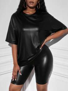 Slaydiva Drop Shoulder PU Leather Top & Biker Shorts - Black - View 7