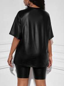 Slaydiva Drop Shoulder PU Leather Top & Biker Shorts - Black - View 8
