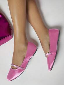 Rhinestone Decor Satin Ballet Flats - Hot Pink - View 4