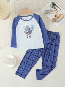 Young Boy Cartoon Graphic Raglan Sleeve Tee & Plaid Trousers PJ Set - Blue and White - View 1