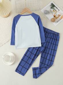 Young Boy Cartoon Graphic Raglan Sleeve Tee & Plaid Trousers PJ Set - Blue and White - View 2