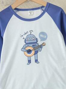 Young Boy Cartoon Graphic Raglan Sleeve Tee & Plaid Trousers PJ Set - Blue and White - View 5