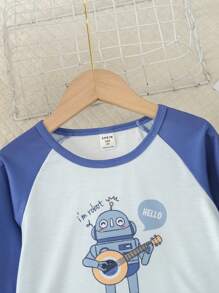 Young Boy Cartoon Graphic Raglan Sleeve Tee & Plaid Trousers PJ Set - Blue and White - View 6